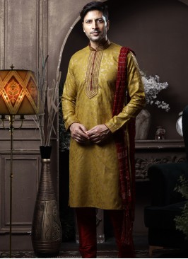 Mehndi Silk Kurta Pajama with Marron ArtSilk Trous