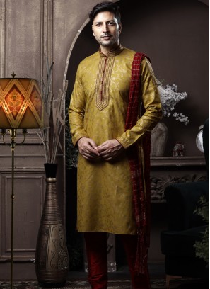 Mehndi Silk Kurta Pajama with Marron ArtSilk Trouser.