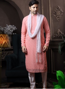 Peach Silk Kurta Pajama with Off-White ArtSilk Tro