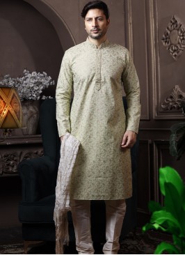 Light Pista Silk Kurta Pajama with Cream ArtSilk T