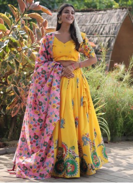 Yellow Silk Print Lehenga Choli