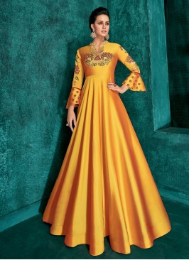 Yellow Silk Sangeet Floor Length Gown