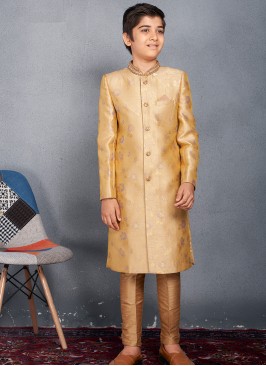 Young Royalty Sherwani Trouser Set - Yellow & Chikoo.