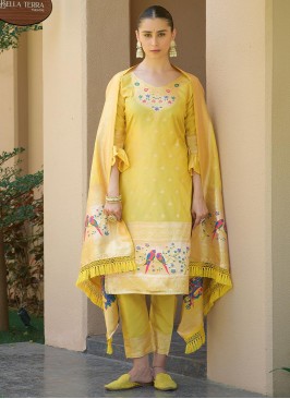 Zari Banarasi Silk Salwar Suit in Yellow