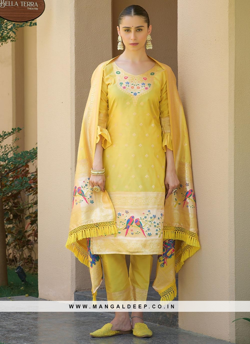 Zari Banarasi Silk Salwar Suit in Yellow