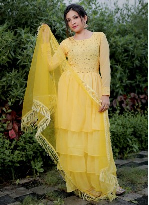 Zari Faux Georgette Designer Salwar Kameez in Yellow