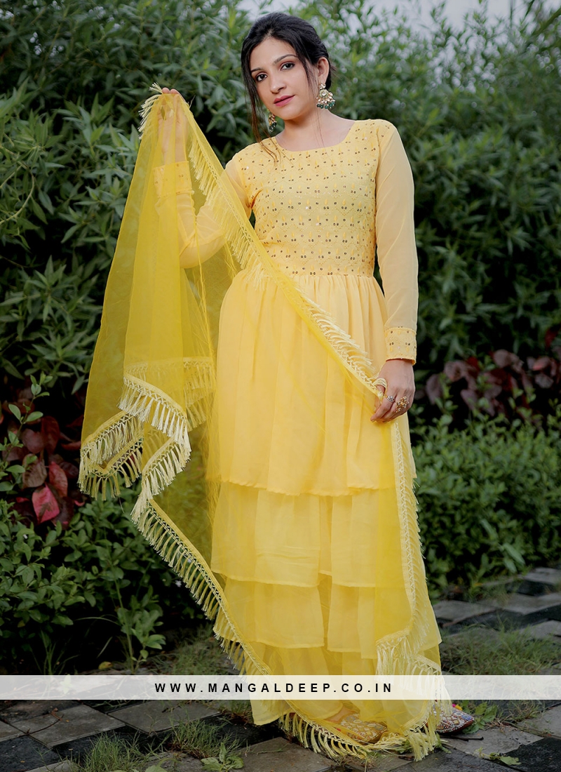 Buy Mustard Sequins Georgette Semi Stitched Salwar Suit - Koskii