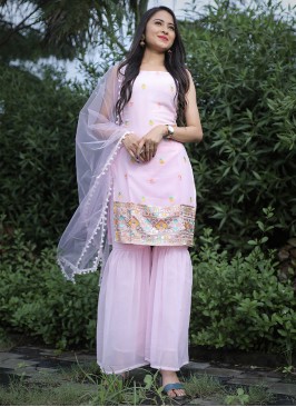 Zari Faux Georgette Trendy Salwar Suit in Pink