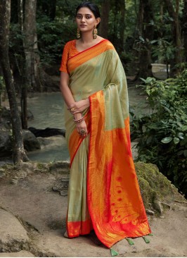 Zari Kanjivaram Silk Contemporary Saree in Sea Green