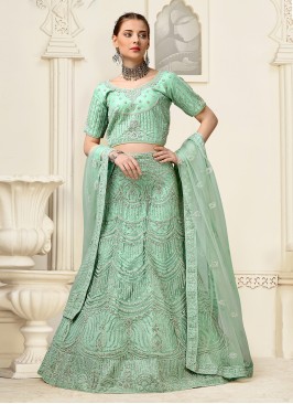 Zari Net A Line Lehenga Choli in Sea Green