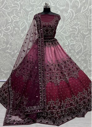 Zari Net Lehenga Choli in Wine