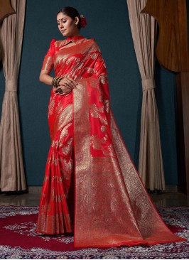 Zari Silk Contemporary Saree in Red