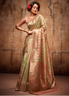 Zari Silk Contemporary Style Saree in Green and Peach
