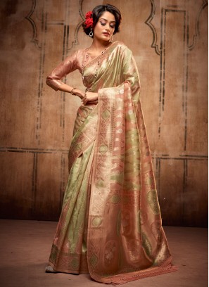 Zari Silk Contemporary Style Saree in Green and Peach