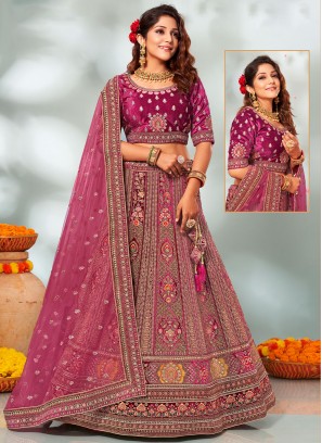 Zari Velvet A Line Lehenga Choli in Rani