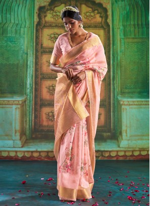 Zesty Digital Print Pink Silk Designer Traditional Saree
