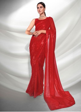 Zesty Embroidered Red Georgette Saree