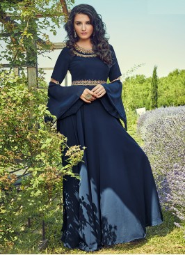 Zesty Georgette Navy Blue Plain Designer Gown