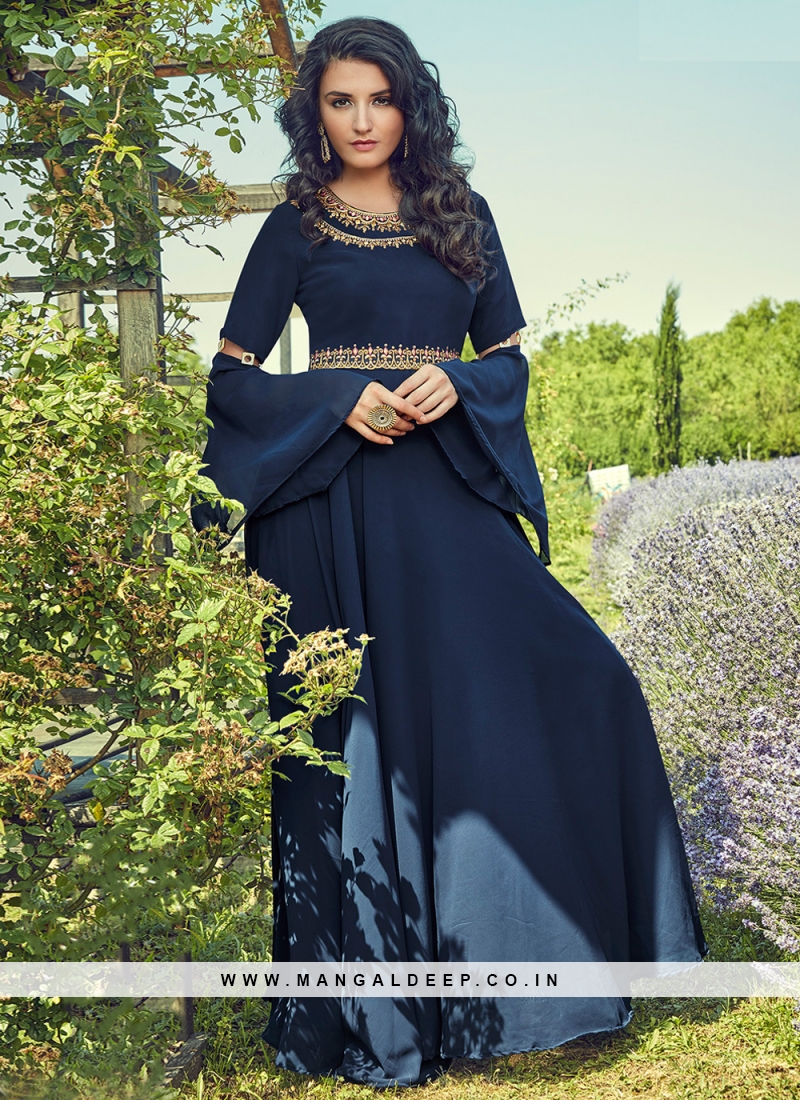 Buy Navy blue silk Indian gown style wedding anarkali in UK, USA and Canada