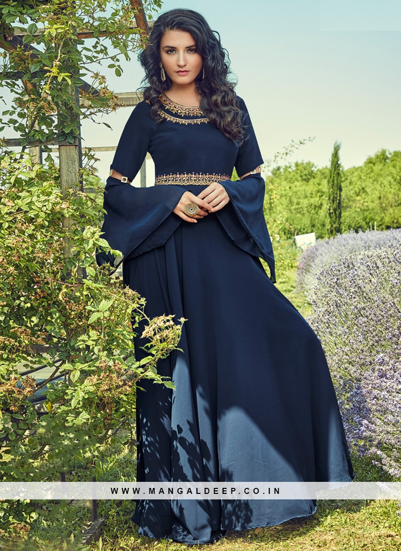 Navy-Blue Net Metalic Foil Work Designer Gown | Exotic India Art